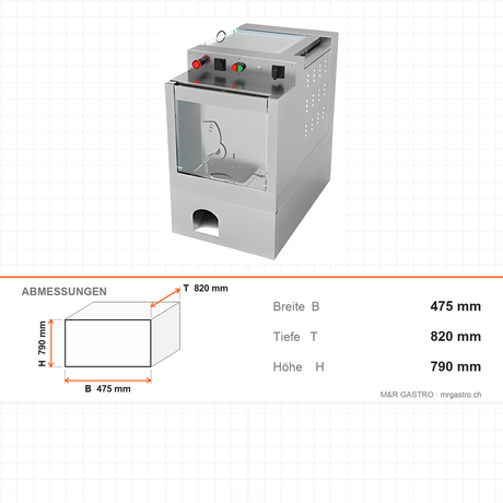 Teigteiler, 50–300 g, 400 kg/h, 44 Liter Bunker, Edelstahlgehäuse, 0,46 kW, 475×820×790 mm, Serie 700 – Abmessungen