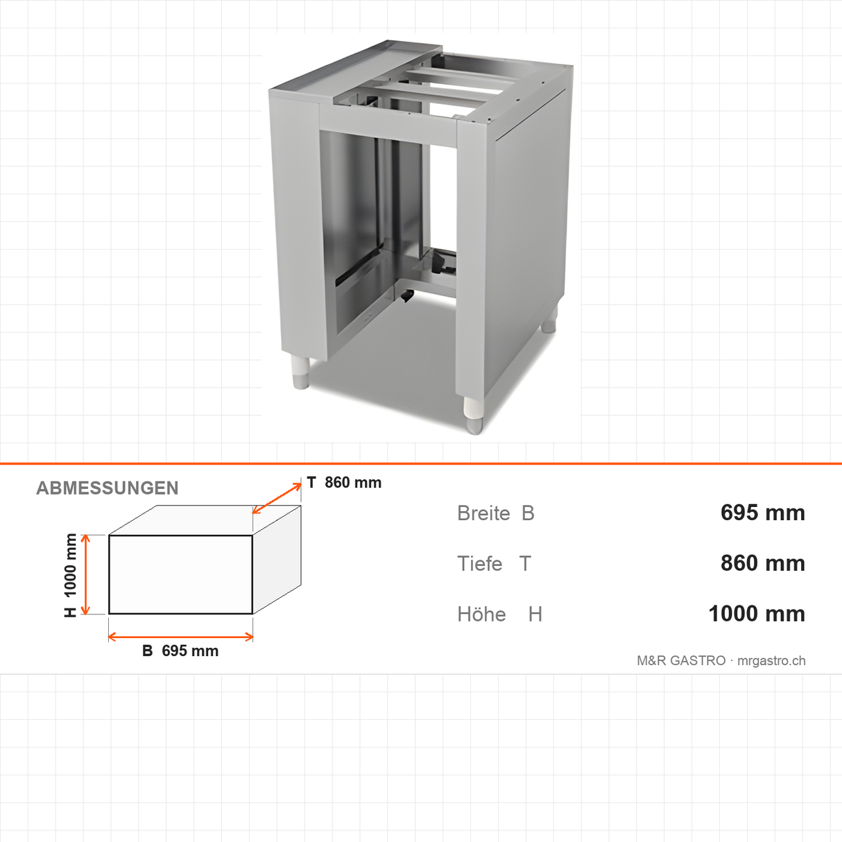 Teigteilmaschine, 400 kg/h, 50–300 g, 44 L Trichter, Edelstahl, 695×860×1000 mm – Abmessungen
