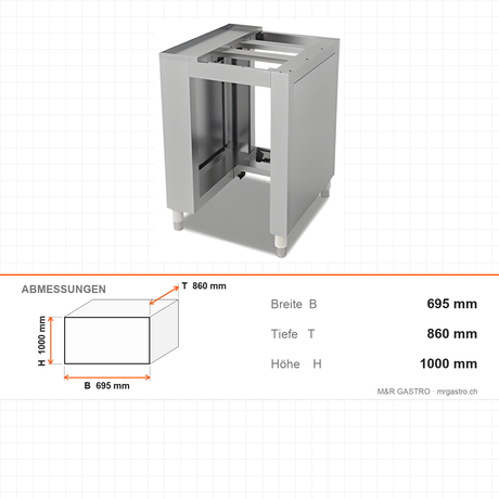 Teigteilmaschine, 400 kg/h, 50–300 g, 44 L Trichter, Edelstahl, 695×860×1000 mm – Abmessungen