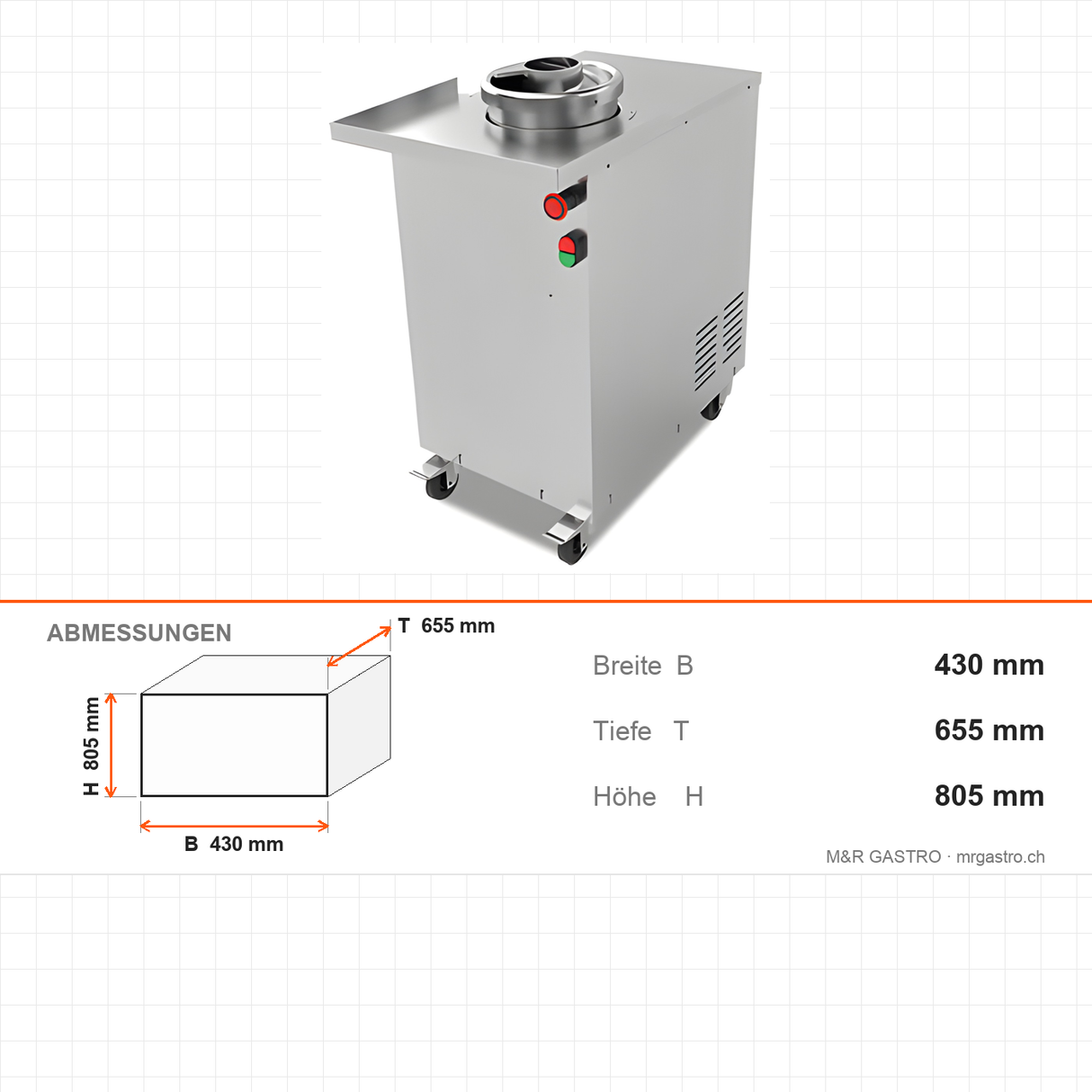 Teigteilmaschine, 400 kg/h, 50–300 g, 44 L Trichter, 0,37 kW, Edelstahl, 430×655×805 mm – Abmessungen