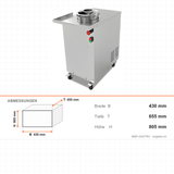 Teigteilmaschine, 400 kg/h, 50–300 g, 44 L Trichter, 0,37 kW, Edelstahl, 430×655×805 mm – Abmessungen