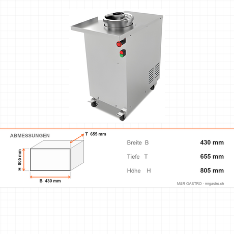 Teigteilmaschine, 400 kg/h, 50–300 g, 44 L Trichter, 0,37 kW, Edelstahl, 430×655×805 mm – Abmessungen