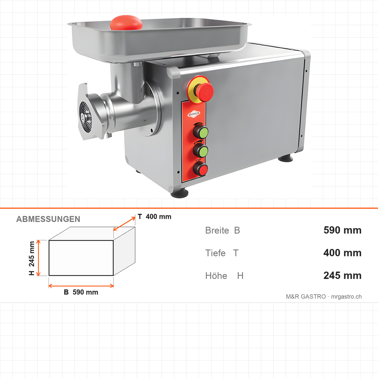 Fleischwolf Edelstahl, 200 kg/h, 0,75 kW, 230V, 590×400×245 mm – Abmessungen