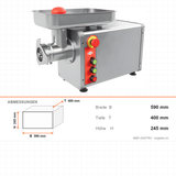 Fleischwolf Edelstahl, 200 kg/h, 0,75 kW, 230V, 590×400×245 mm – Abmessungen