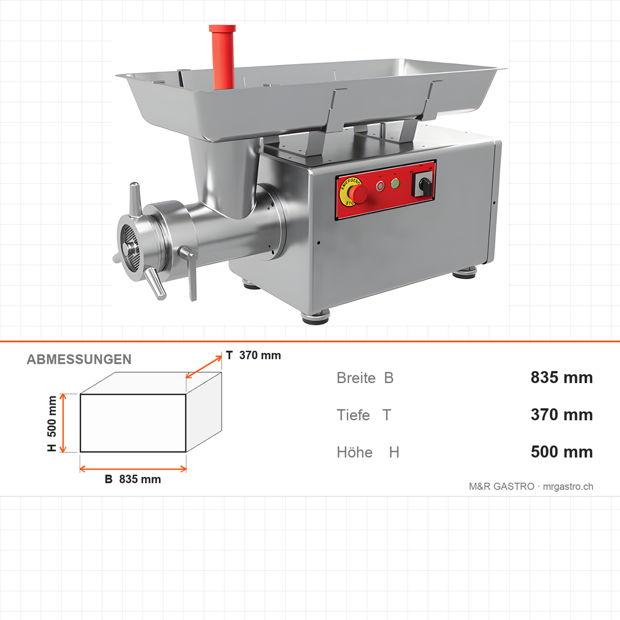 Fleischwolf Edelstahl, 250 kg/h, 1,5 kW, 230V, 835×370×500 mm – Abmessungen