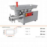 Fleischwolf Edelstahl, 250 kg/h, 1,5 kW, 230V, 835×370×500 mm – Abmessungen