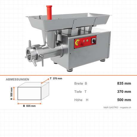 Fleischwolf Edelstahl, 500 kg/h, 2,2 kW, 400V, 835×370×500 mm – Abmessungen