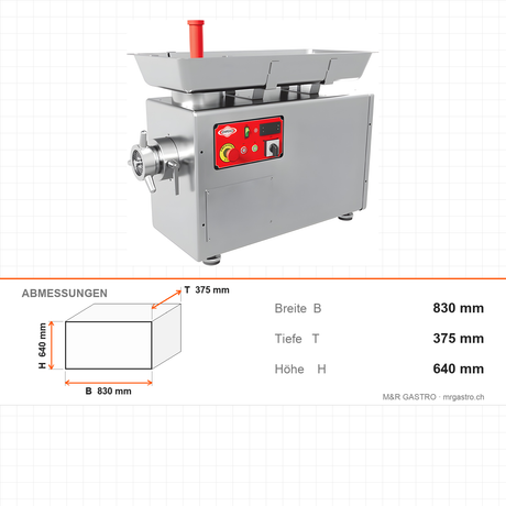 Kühlfleischwolf Edelstahl, 250 kg/h, 1,5 kW, 230V, gekühlter Hals, Kältemittel R-290, 830×375×640 mm – Abmessungen