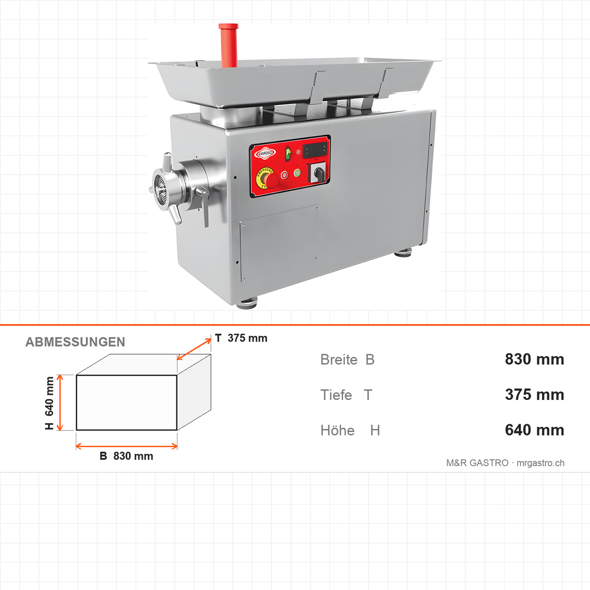 Kühlfleischwolf Edelstahl, 250 kg/h, 1,5 kW, 400V, gekühlter Hals, Kältemittel R-290, 830×375×640 mm – Abmessungen