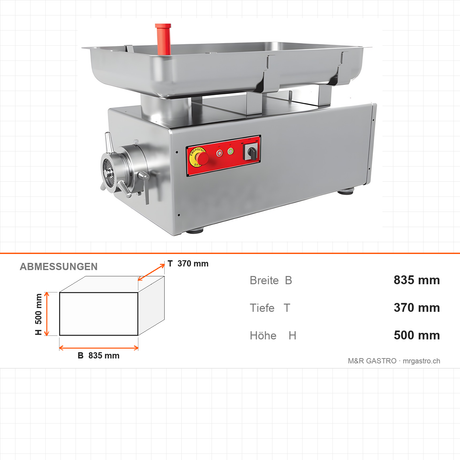 Fleischwolf Edelstahl, 500 kg/h, 2,2 kW, 400V, 835×370×500 mm – Abmessungen