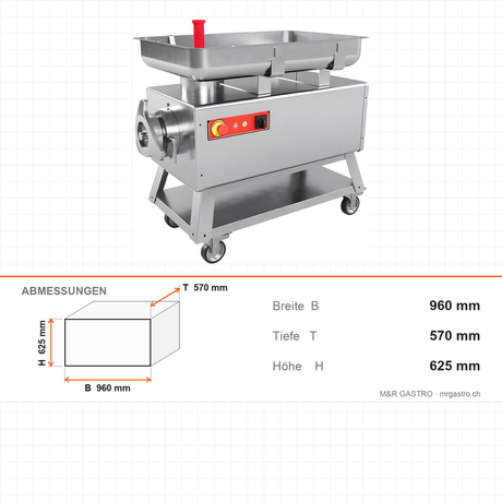 Fleischwolf Edelstahl, 700 kg/h, 4 kW, 400V, 960×570×625 mm – Abmessungen