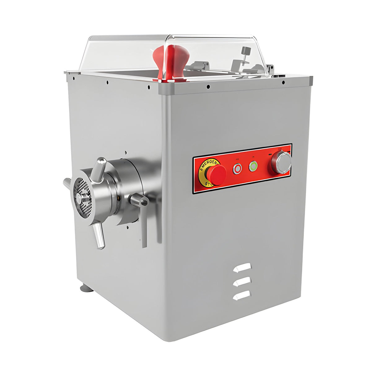 Fleischwolf Edelstahl PLUS, gekühlt, 300 kg/h, 1,5 kW, 400V, Not-Aus, Kältemittel R-290, 455×420×565 mm – Produktbild