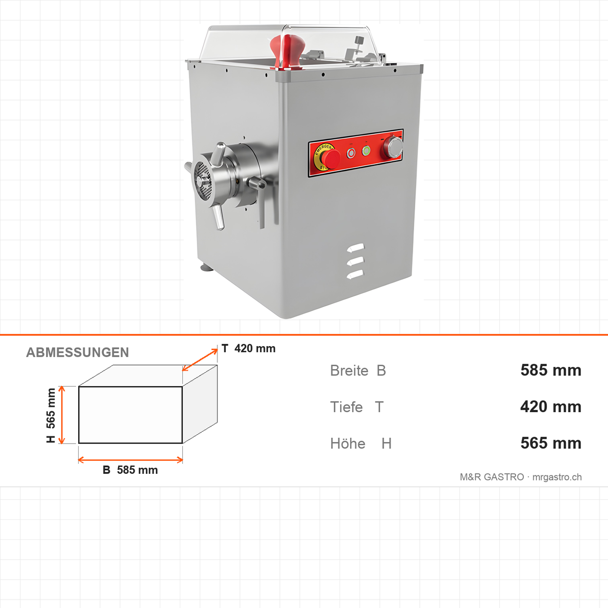 Fleischwolf Edelstahl PLUS, gekühlt, 500 kg/h, 2,2 kW, 230V, Not-Aus, Kältemittel R-290, 585×420×565 mm – Abmessungen