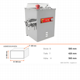 Fleischwolf Edelstahl PLUS, gekühlt, 500 kg/h, 2,2 kW, 230V, Not-Aus, Kältemittel R-290, 585×420×565 mm – Abmessungen