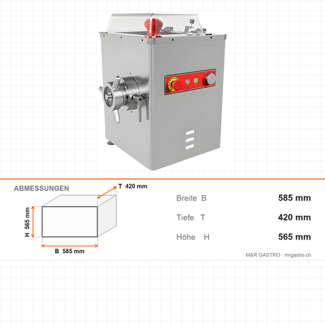 Fleischwolf Edelstahl PLUS, gekühlt, 600 kg/h, 3 kW, 400V, Not-Aus, Kältemittel R-290, 585×420×565 mm – Abmessungen