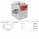 Fleischwolf Edelstahl PLUS, gekühlt, 250 kg/h, 1,5 kW, 230V, Not-Aus, Kältemittel R-290, 455×420×565 mm – Abmessungen