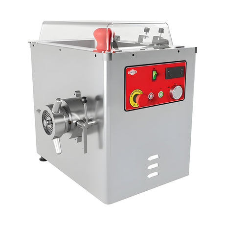 Fleischwolf Edelstahl PLUS, gekühlt, 300 kg/h, 1,5 kW, 400V, Not-Aus, Kältemittel R-290, 455×420×565 mm – Produktbild