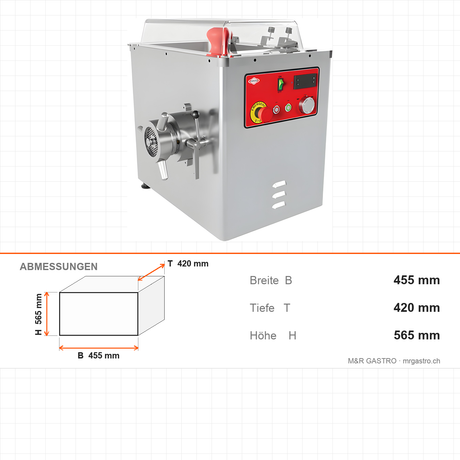 Fleischwolf Edelstahl PLUS, gekühlt, 300 kg/h, 1,5 kW, 400V, Not-Aus, Kältemittel R-290, 455×420×565 mm – Abmessungen