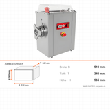 Fleischwolf Edelstahl PLUS, gekühlt, 400 kg/h, 1,5 kW, 230V, Not-Aus, Kältemittel R-290, 510×340×565 mm – Abmessungen
