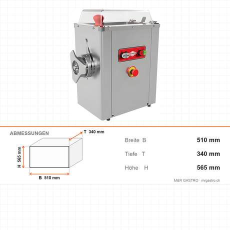 Fleischwolf Edelstahl PLUS, gekühlt, 400 kg/h, 1,5 kW, 230V, Not-Aus, Kältemittel R-290, 510×340×565 mm – Abmessungen