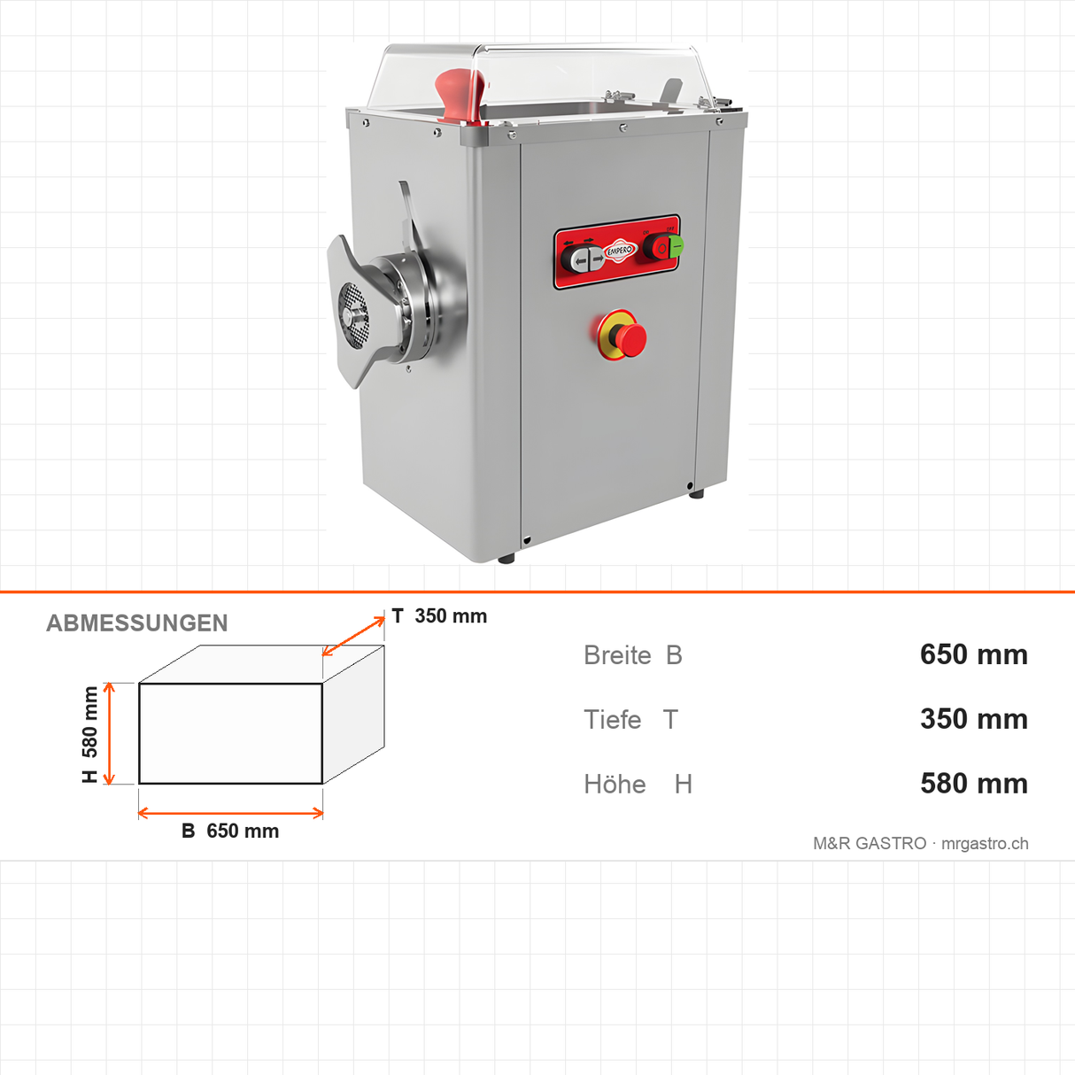 Fleischwolf Edelstahl PLUS, gekühlt, 600 kg/h, 2,2 kW, 230V, Not-Aus, Kältemittel R-290, 650×350×580 mm – Abmessungen