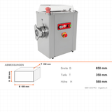 Fleischwolf Edelstahl PLUS, gekühlt, 600 kg/h, 2,2 kW, 400V, Not-Aus, Kältemittel R-290, 650×350×580 mm – Abmessungen
