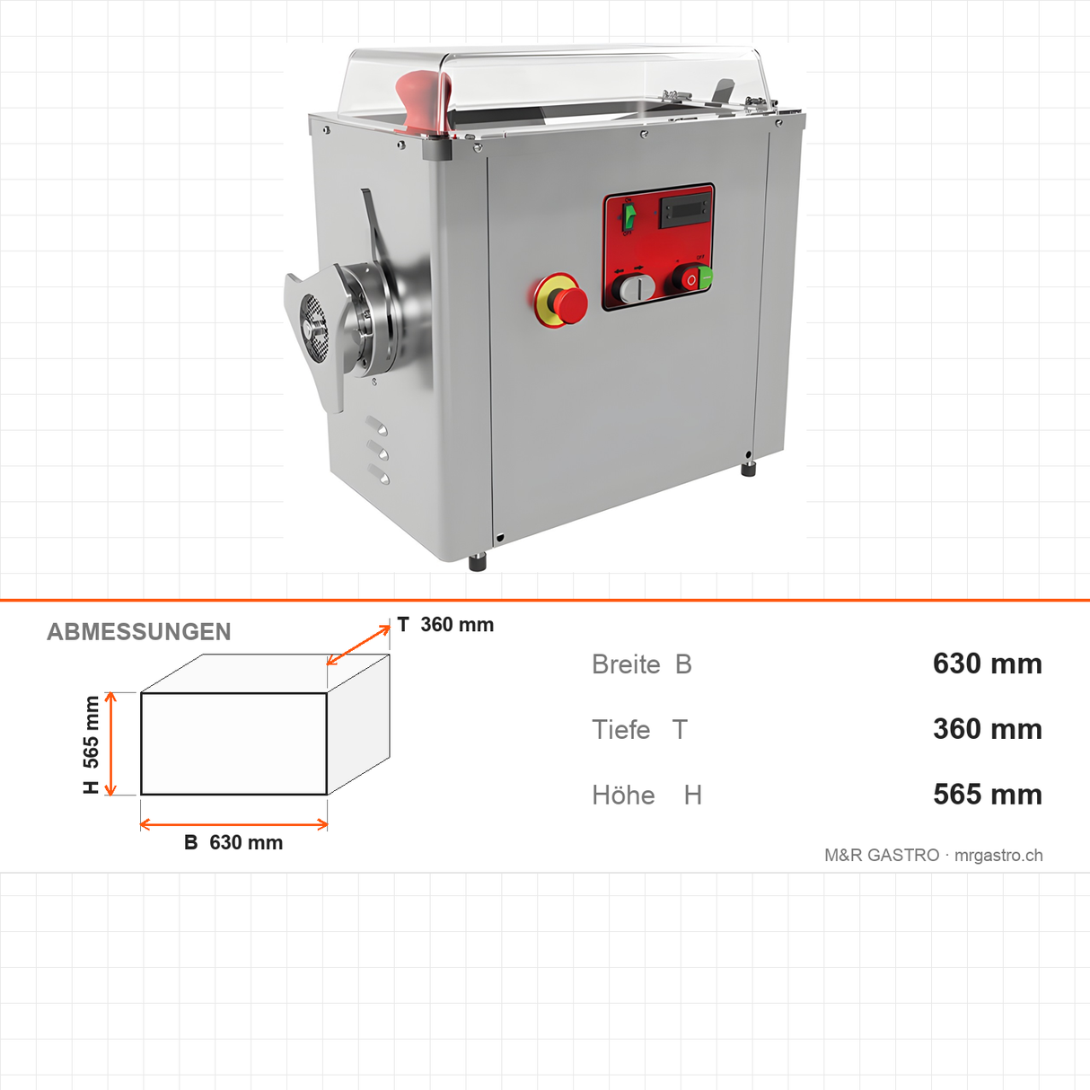 Fleischwolf Edelstahl PLUS, gekühlt, 600 kg/h, 2,2 kW, 230V, Not-Aus, Kältemittel R-290, 630×360×565 mm – Abmessungen
