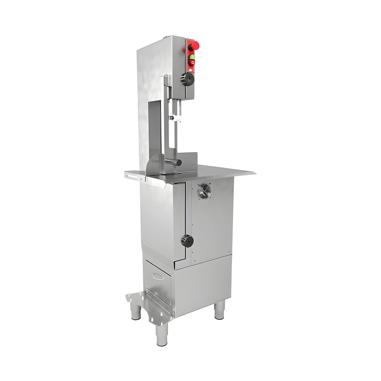 Knochensäge mit Gestell, 1,5 kW, Schnitthöhe 350 mm, Bandlänge 2145 mm, Edelstahl-Arbeitstisch, Not-Aus-Schalter, 550×670×1540 mm – Produktbild