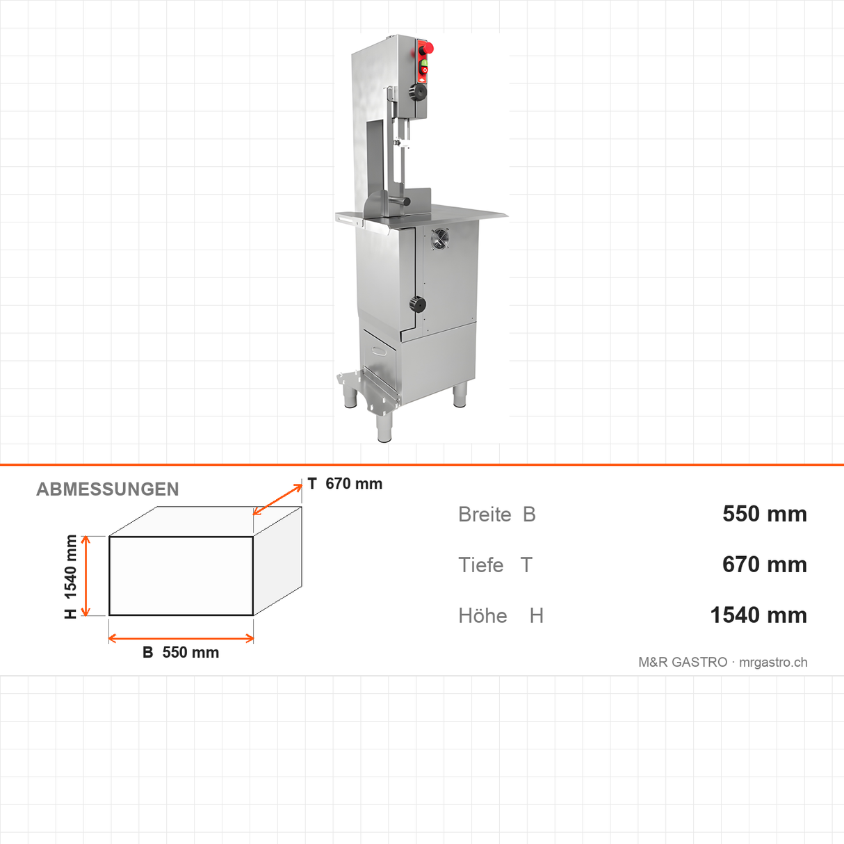Knochensäge mit Gestell, 1,5 kW, Schnitthöhe 350 mm, Bandlänge 2145 mm, Edelstahl-Arbeitstisch, Not-Aus-Schalter, 550×670×1540 mm – Abmessungen