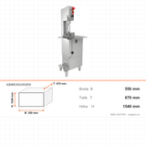 Knochensäge mit Gestell, 1,5 kW, Schnitthöhe 350 mm, Bandlänge 2145 mm, Edelstahl-Arbeitstisch, Not-Aus-Schalter, 550×670×1540 mm – Abmessungen