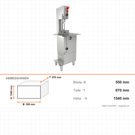 Knochensäge mit Gestell, 1,5 kW, Schnitthöhe 350 mm, Bandlänge 2145 mm, Edelstahl-Arbeitstisch, Not-Aus-Schalter, 550×670×1540 mm – Abmessungen