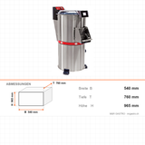 Kartoffelschälmaschine, 10 kg, 0,55 kW, Timer, Edelstahlgehäuse, Magnet-Sicherheitsschalter, 540×760×965 mm – Abmessungen