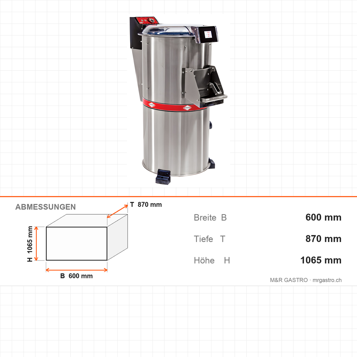 Kartoffelschälmaschine, 20 kg, 0,75 kW, Timer, Edelstahlgehäuse, Magnet-Sicherheitsschalter, 600×870×1065 mm – Abmessungen