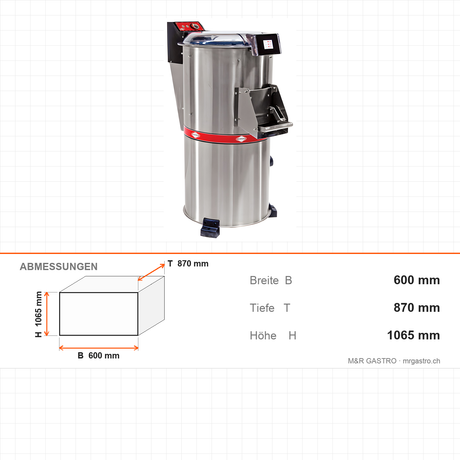 Kartoffelschälmaschine, 20 kg, 0,75 kW, Timer, Edelstahlgehäuse, Magnet-Sicherheitsschalter, 600×870×1065 mm – Abmessungen