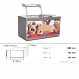 Donut-Tisch, 25 L Kochschüssel, 2× GN 1/1, Edelstahl, Rollen, 1400×700×850 mm – Abmessungen