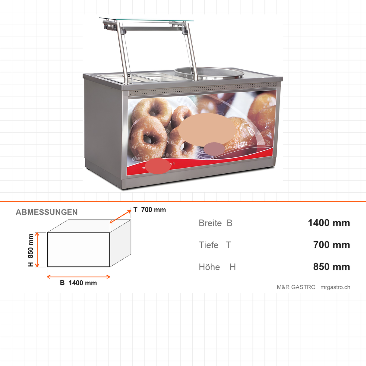 Donut-Tisch, elektrisch, 25 L Kochschüssel, 220 V, 2× GN 1/1, Edelstahl, 1400×700×850 mm – Abmessungen