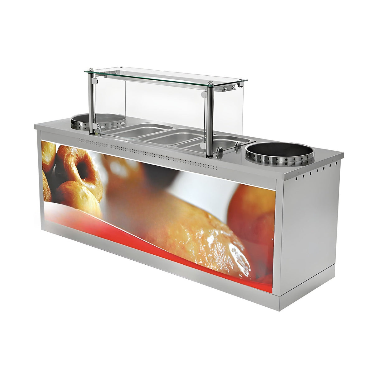 Edelstahl Teigwarentisch, 2× 25 L Kochschüsseln, 2× GN 1/1, mit Bremsrollen, 2200×700×850 mm – Produktbild