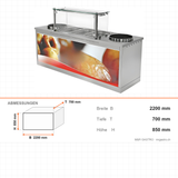 Edelstahl Teigwarentisch, 2× 25 L Kochschüsseln, 2× GN 1/1, mit Bremsrollen, 2200×700×850 mm – Abmessungen