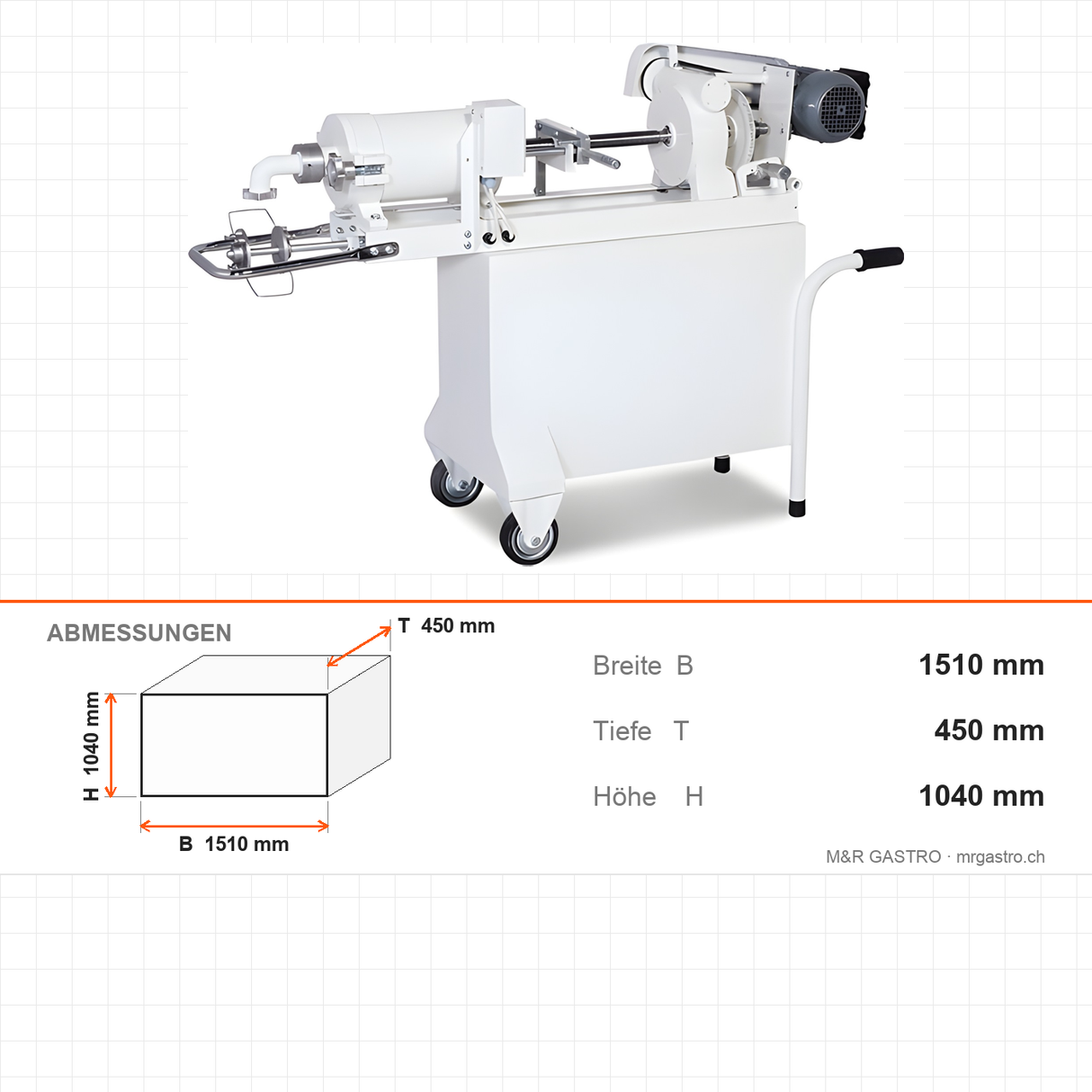 Fleisch- und Teigformmaschine, 5 kg, 4 Formlängen, 0,37 kW, 230V, 1510×450×1040 mm – Abmessungen