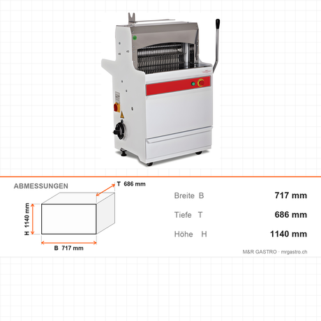 Brotschneidemaschine, Schnittstärke 10 mm, 46 Edelstahlklingen, 0,37 kW, automatische Abschaltung, 717×686×1140 mm – Abmessungen