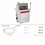 Brotschneidemaschine, Schnittstärke 20 mm, 24 Edelstahlklingen, 0,37 kW, automatische Abschaltung, 717×686×1140 mm – Abmessungen