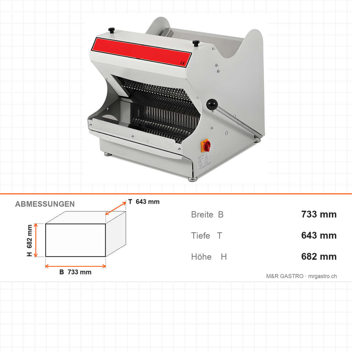 Brotschneidemaschine, Schnittstärke 10 mm, 42 Edelstahlklingen, 0,37 kW, automatische Abschaltung, 733×643×682 mm – Abmessungen