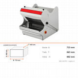 Brotschneidemaschine, Schnittstärke 16 mm, 26 Edelstahlklingen, 0,37 kW, automatische Abschaltung, 733×643×682 mm – Abmessungen