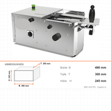 Schneidemaschine für Brezeln und Sandwiches, Schnittlänge 210 mm, Schnitthöhe 20-55 mm, 0,12 kW, Edelstahlgehäuse, 490×300×245 mm – Abmessungen