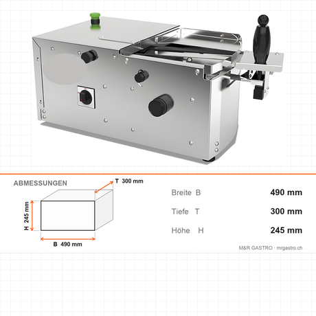 Schneidemaschine für Brezeln und Sandwiches, Schnittlänge 210 mm, Schnitthöhe 20-55 mm, 0,12 kW, Edelstahlgehäuse, 490×300×245 mm – Abmessungen