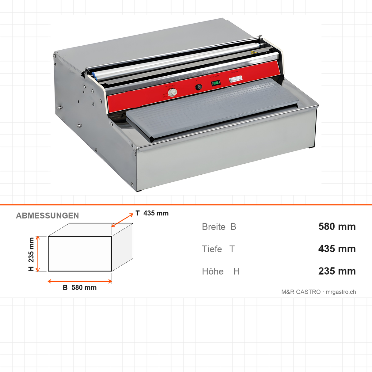 Folienmaschine, 0,17 kW, 220 V, 400 mm Folienlänge, Edelstahl, 580×435×235 mm – Abmessungen
