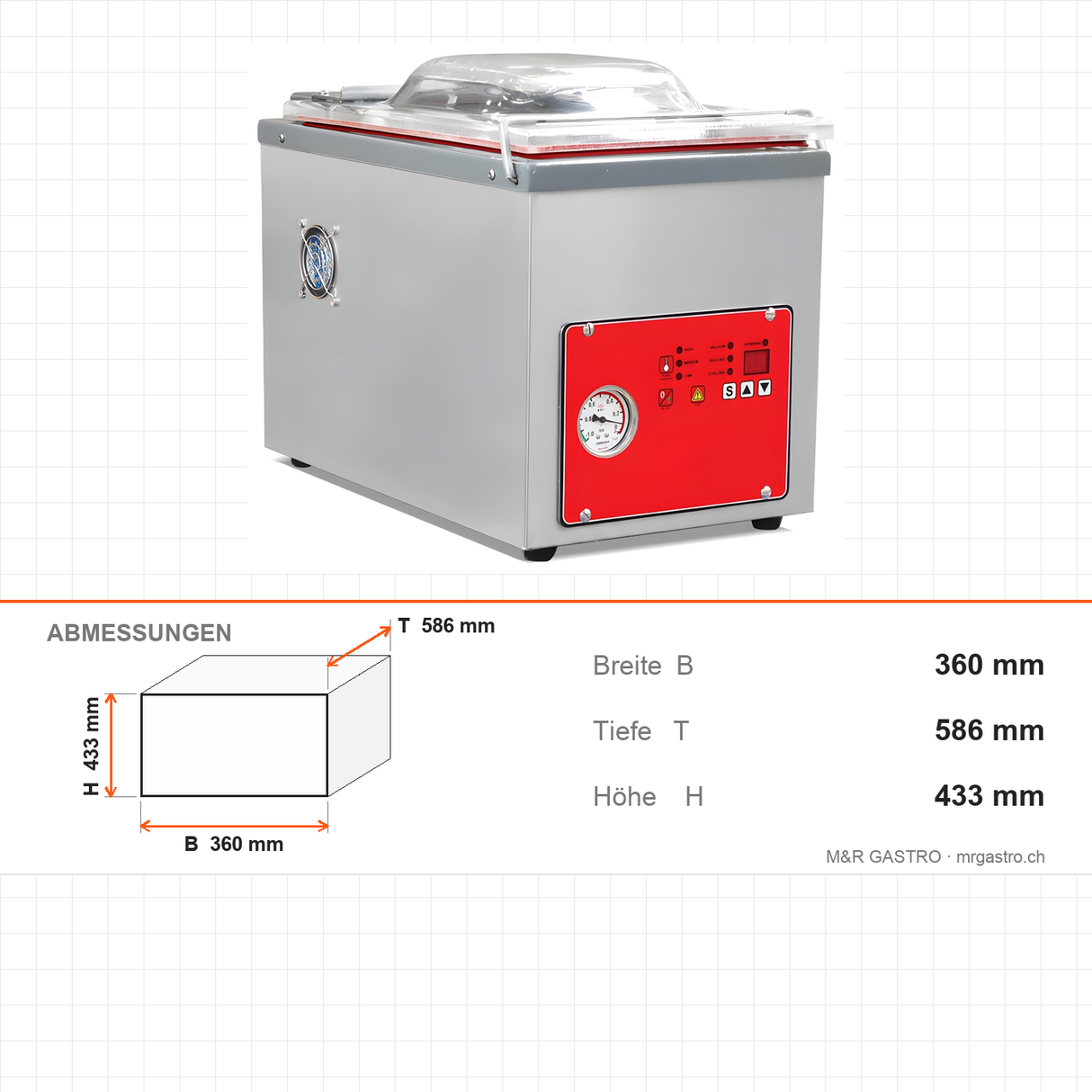 Kammer-Vakuumiergerät, 0,4 kW, Pumpe 10 m³/h, Siegelbalken 260 mm, Edelstahl, 360×586×433 mm – Abmessungen