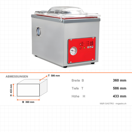 Kammer-Vakuumiergerät, 0,4 kW, Pumpe 10 m³/h, Siegelbalken 260 mm, Edelstahl, 360×586×433 mm – Abmessungen