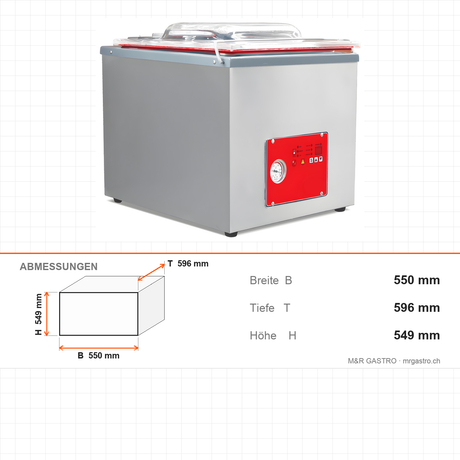 Kammer-Vakuumiergerät, 0,9 kW, Pumpe 20 m³/h, Siegelbalken 430 mm, Edelstahl, 550×596×549 mm – Abmessungen