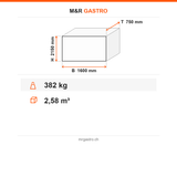 Wandgrill Holzkohle, höhenverstellbarer Rost 400×500 mm, elektrostatisch lackiert, Monoblock-Haube, 1600×750×2150 mm – Technische Daten